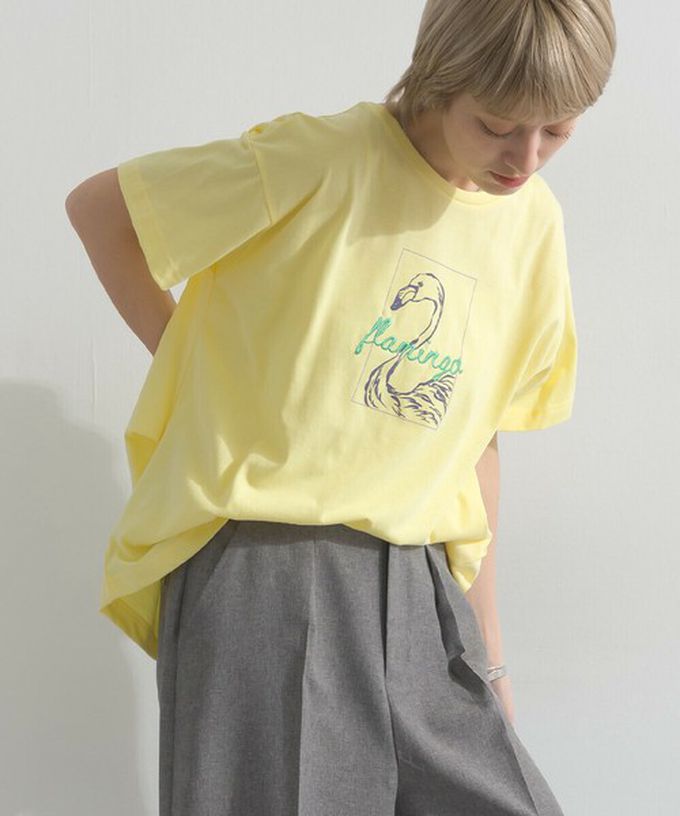 日本 le colis - 接觸冷感 紅鶴刺繡印花休閒上衣-白