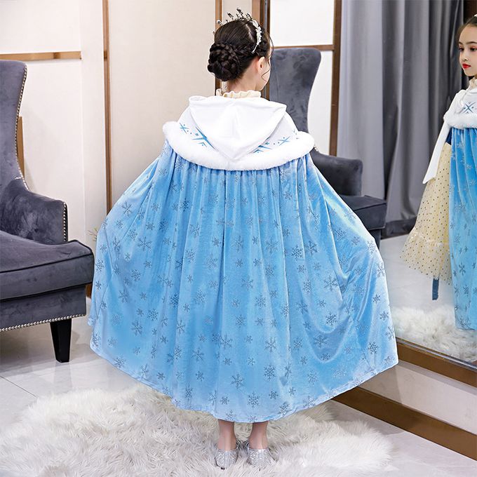 冰雪女王保暖印花斗篷-淺藍色毛領