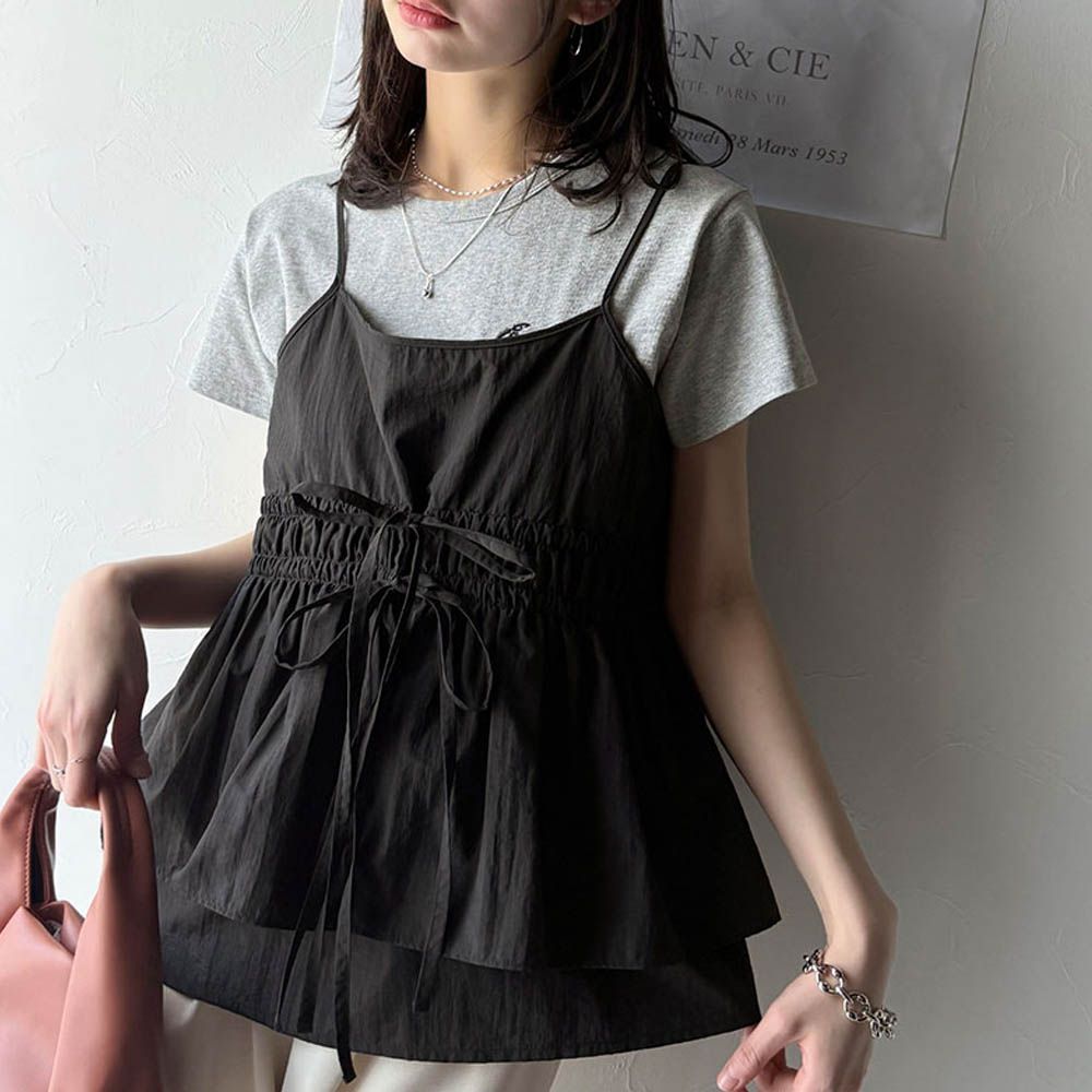 俏麗荷葉細肩帶+月亮短袖T恤(2件組)-灰