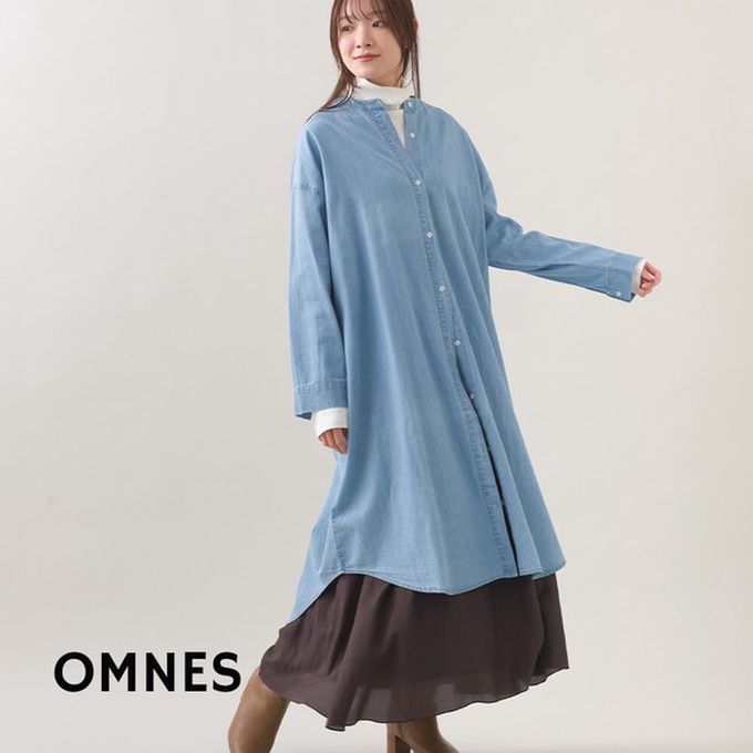 日本 OMNES - 柔軟丹寧風輕盈圓弧下擺長袖洋裝-深藍