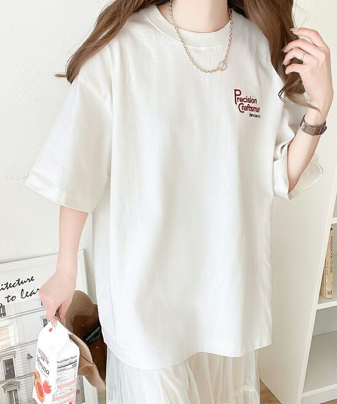 日本 Classical Elf - 100%棉 胸前logo點綴短袖上衣-米杏