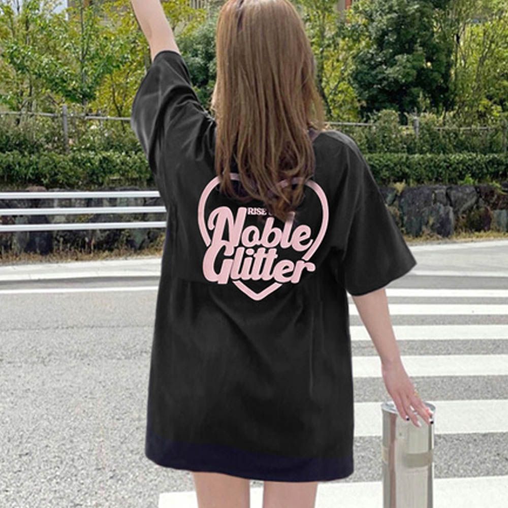 立體酷心型印花長版T恤-經典黑 (F)