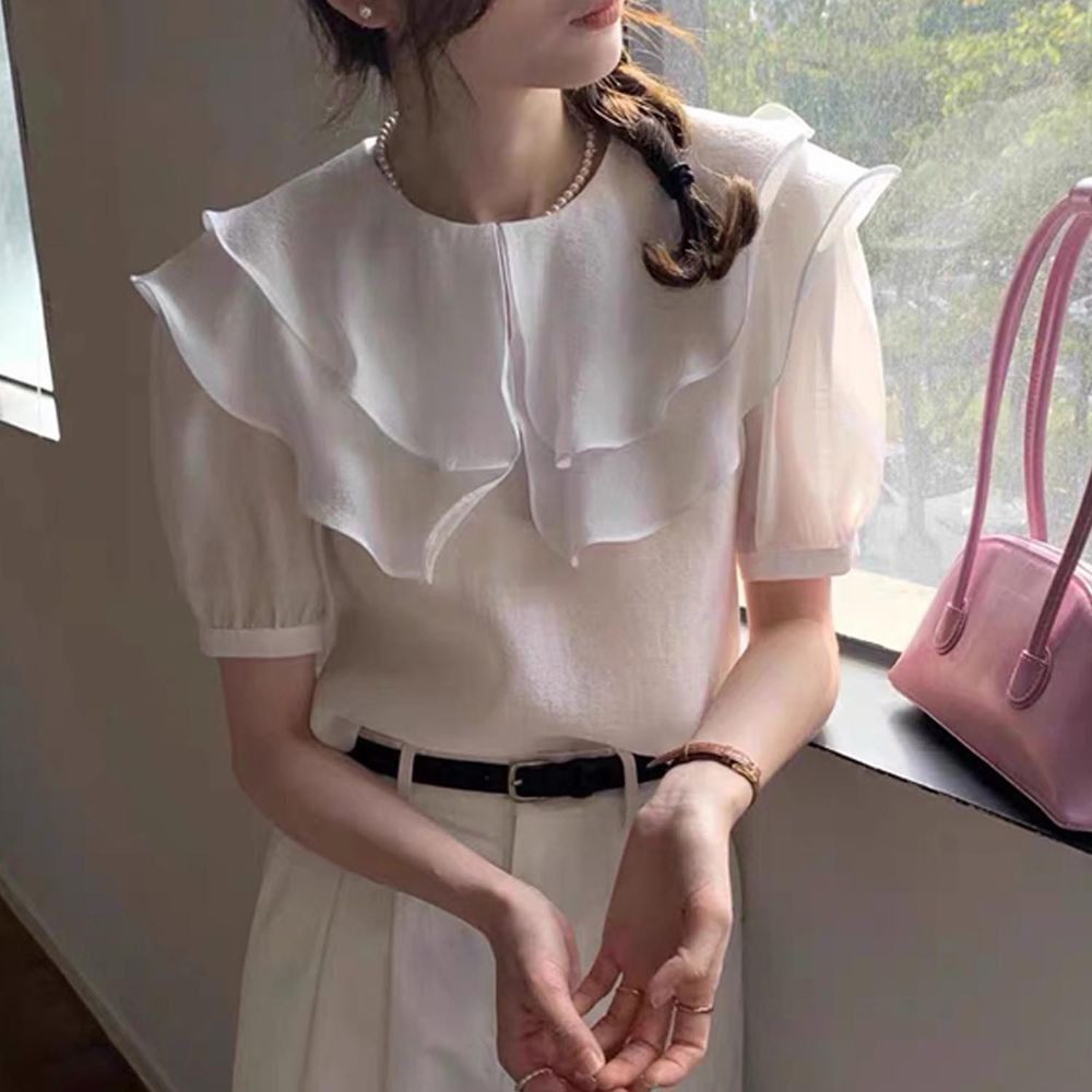 日本 GRL - 甜美荷葉層次領短袖上衣-天使白