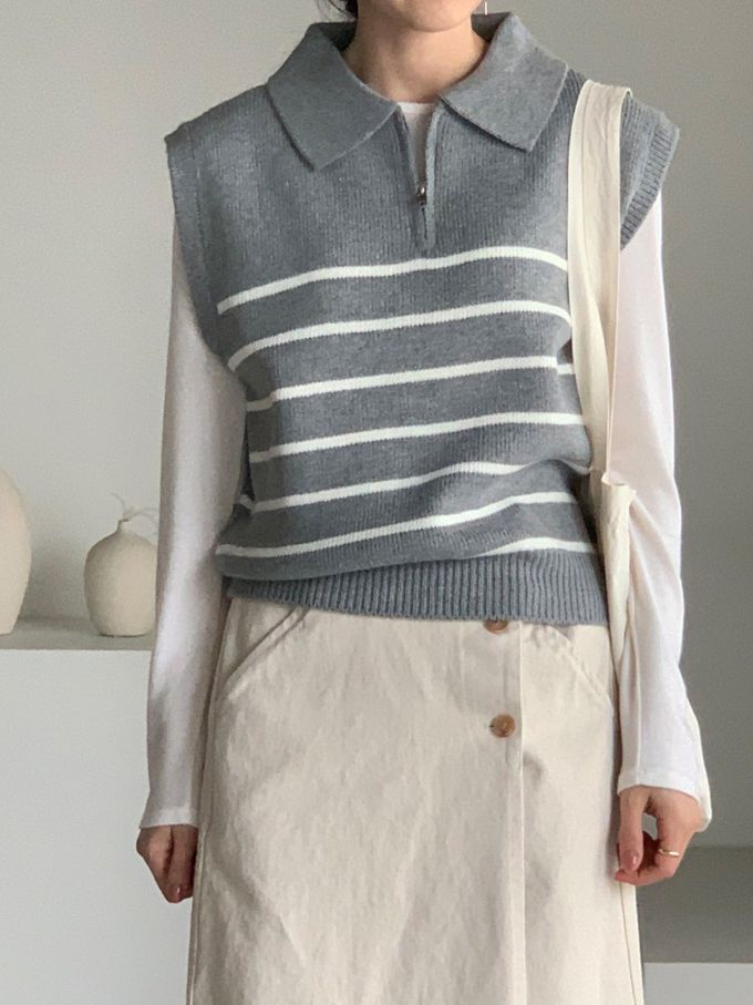 韓國女裝連線 - 拉鍊翻領條紋針織背心-灰 (FREE)