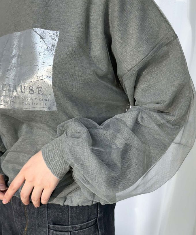 日本 Classical Elf - mily bilet 燙銀印花薄紗分層長袖上衣-時尚黑