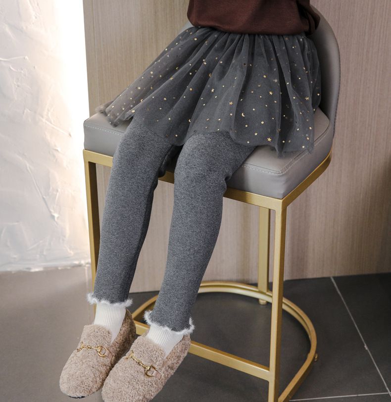 FANMOU - 加絨網紗亮片褲裙-星星月亮-灰色