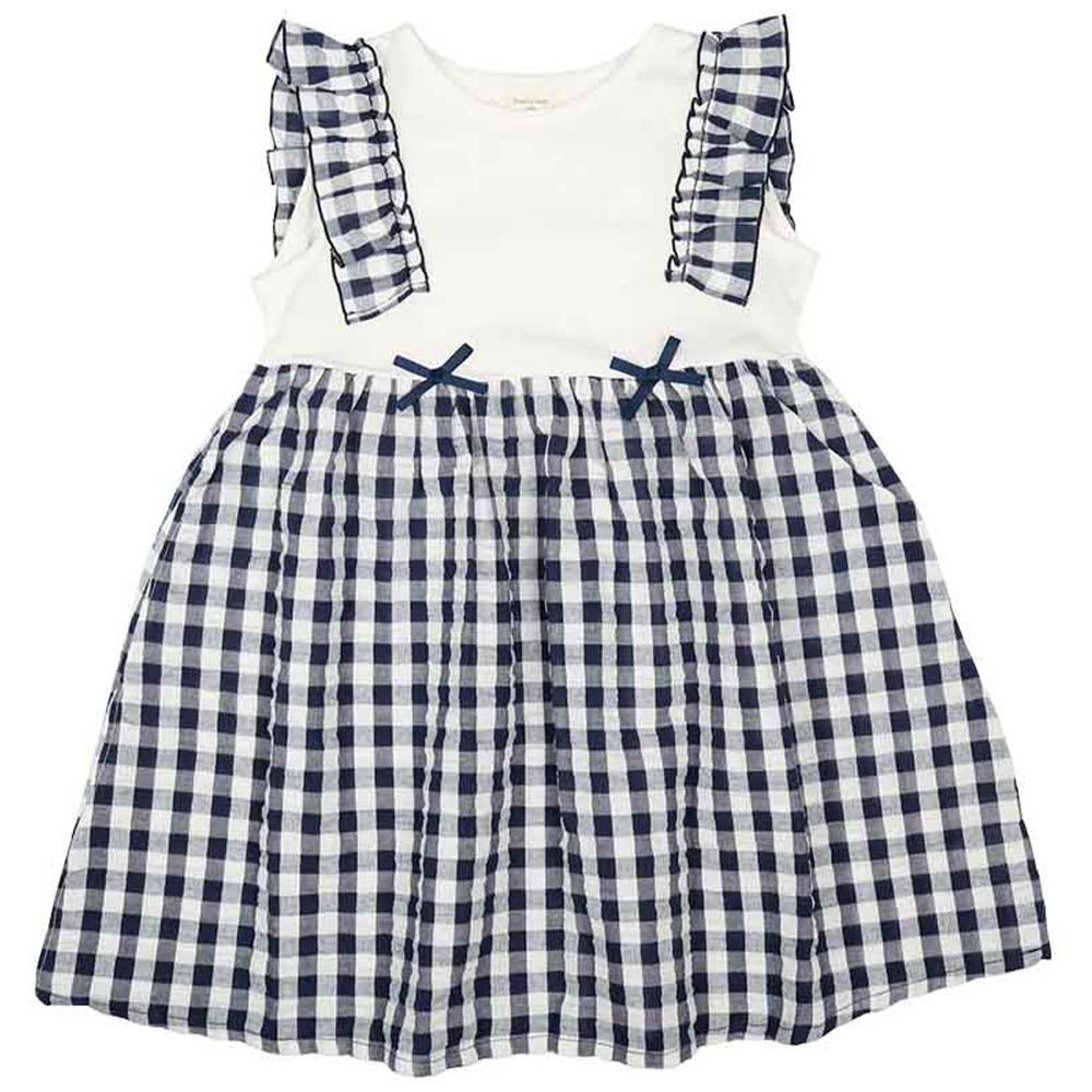 洋裝-泡泡紗拼接-深藍色