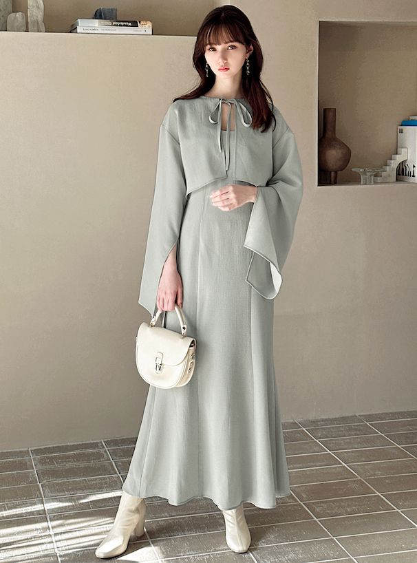 日本 GRL - 秘境之花綁帶開袖兩件式洋裝-淺卡其 (F)