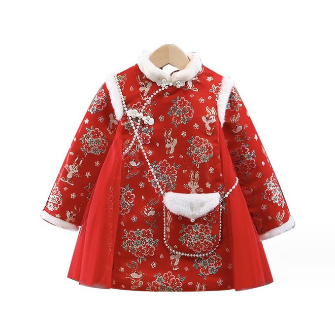 love, charlotte - 拜年旗袍領卡通兔繡花圖騰洋裝-加厚鋪棉-紅色