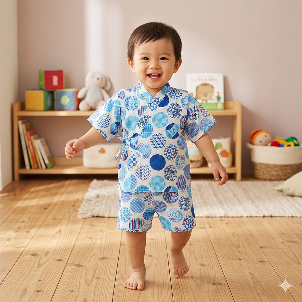 兒童兩件式甚平-圓形和風圖案-米白色