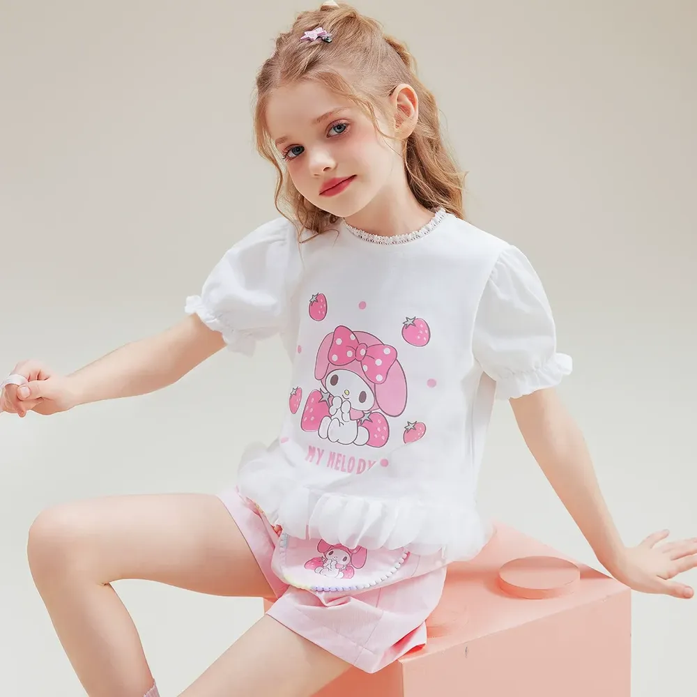 純棉法式泡泡短袖上衣+短褲套裝-卡通人物美樂蒂-白色