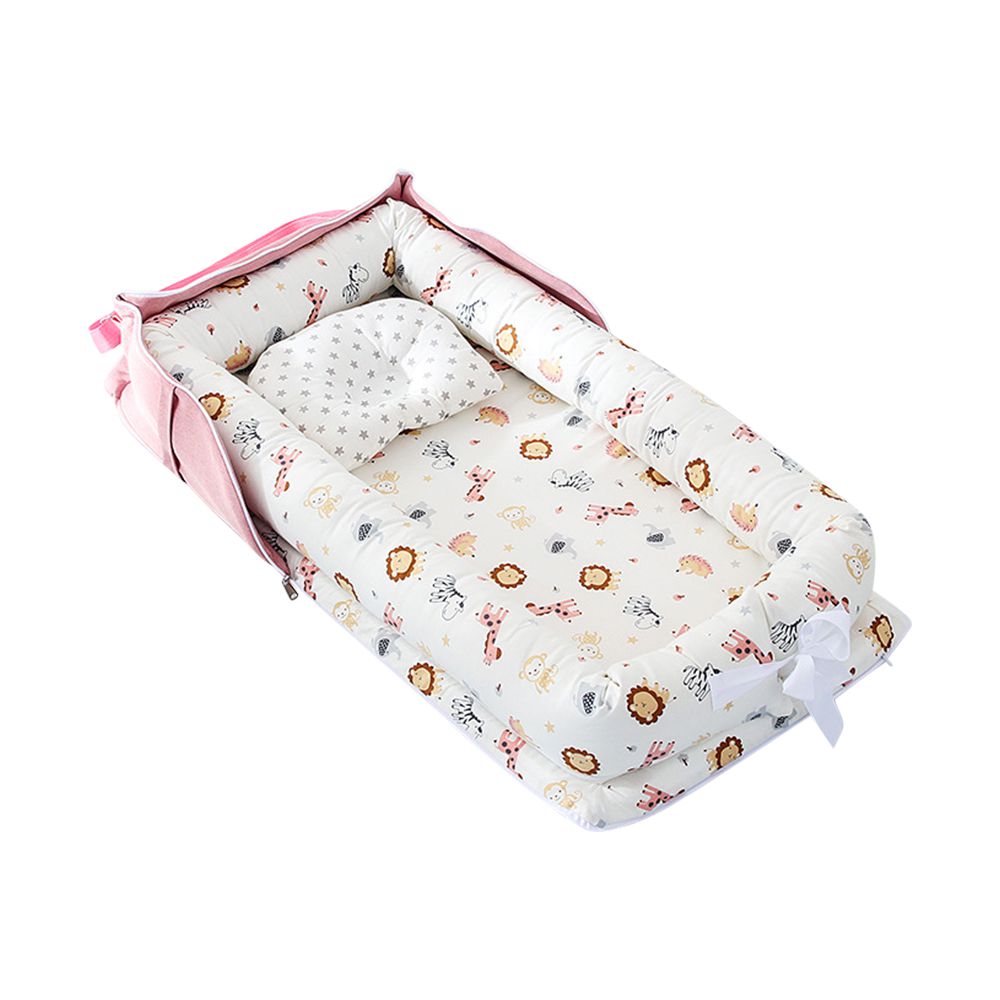 JoyNa - 攜帶式床中床旅行包 可折疊嬰兒床 便攜式睡窩-動物世界粉色