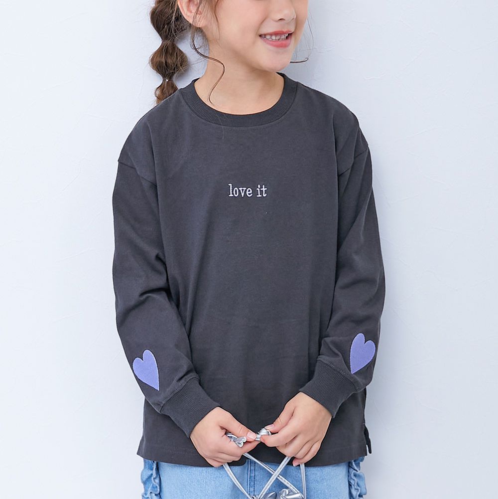 100%棉 甜美手腕刺繡長袖上衣-大愛心-炭黑