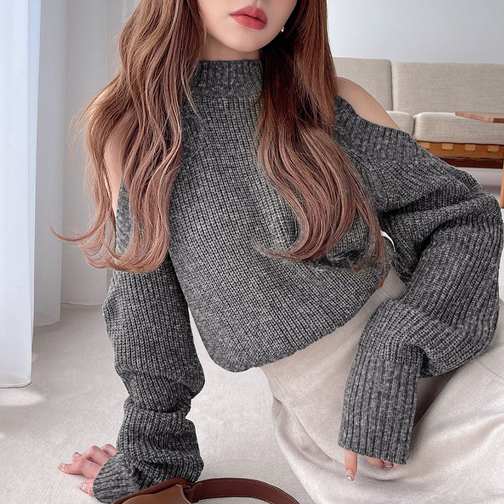 成熟柔美露肩寬鬆袖針織上衣-炭灰 (F)