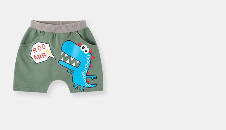 BE TOP - 純棉休閒短褲-偷看恐龍-黃+藍