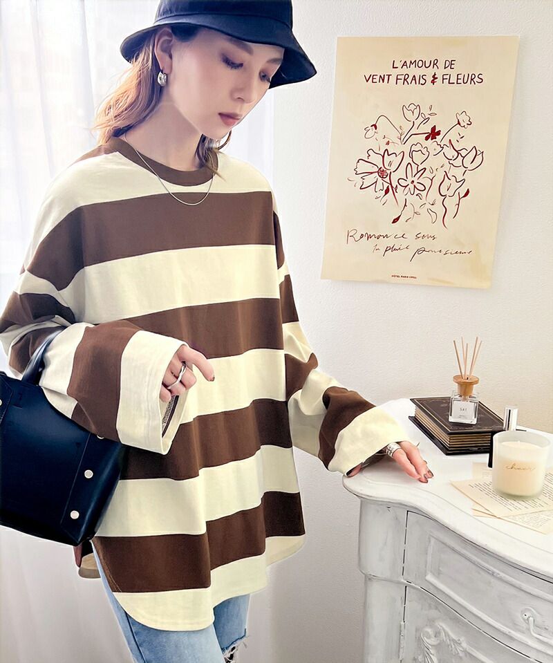 日本 Classical Elf - 美式休閒落肩長袖上衣-寬版條紋-米杏x棕