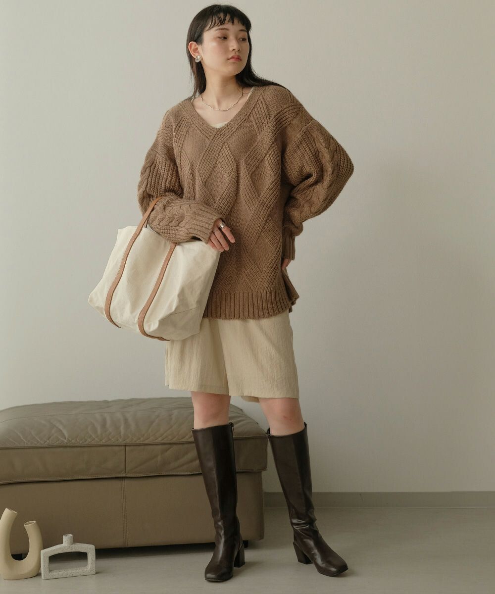 日本 Bou Jeloud - 交叉編織紋長版針織上衣-米