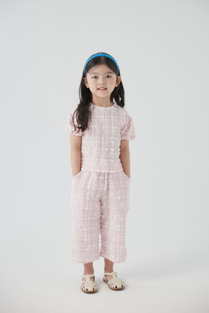 韓國 Coco Bang - 兩件式皺皺格子短袖長褲套裝-淺藍