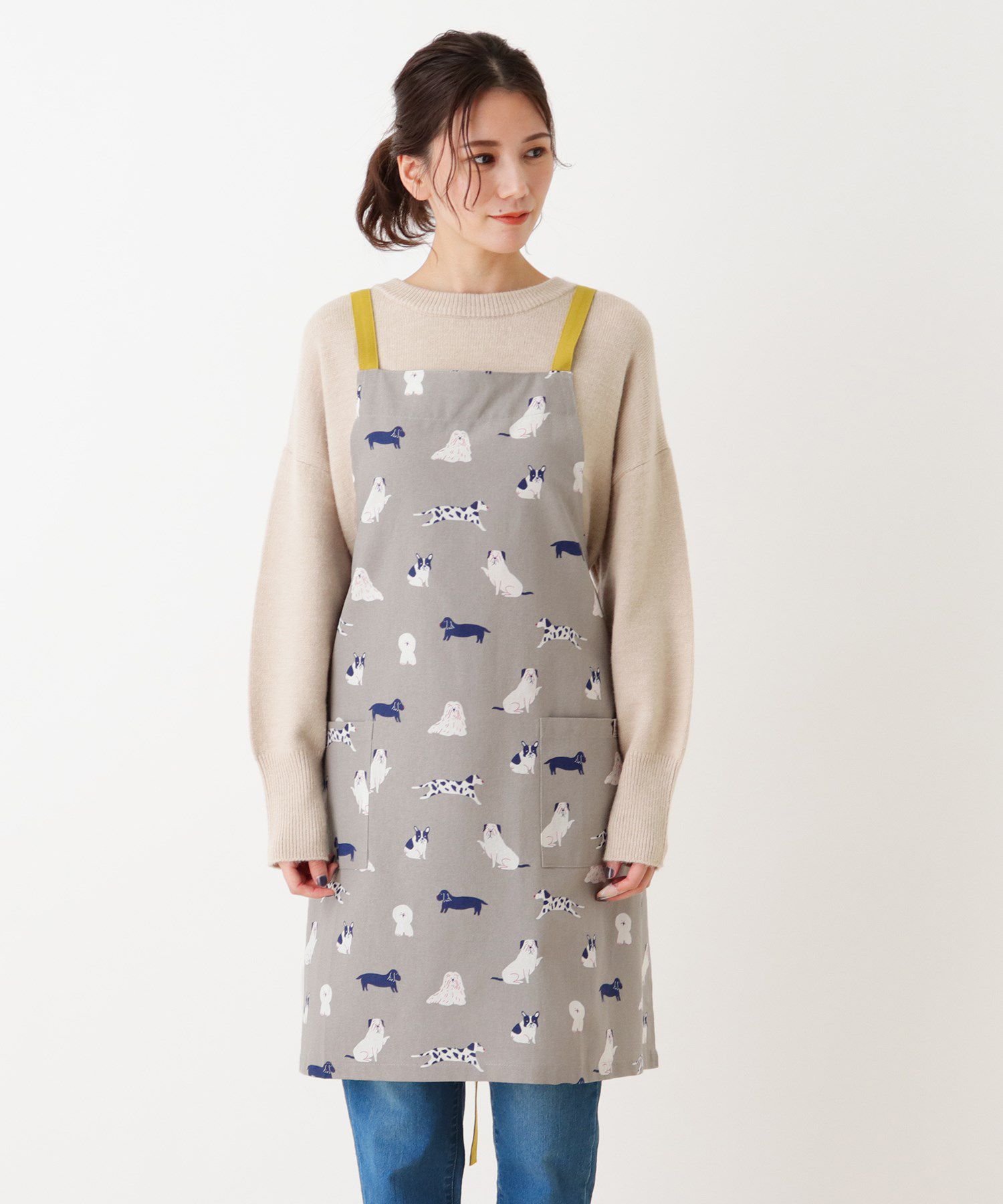 日本代購 - 印度棉大人料理圍裙(雙口袋)-狗狗散步-灰x黃