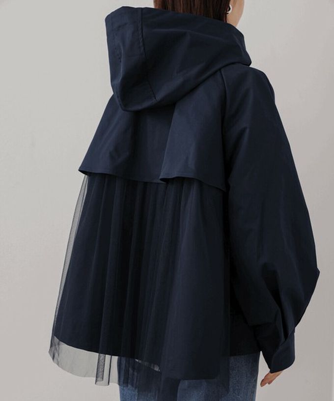日本 Bab - [人氣款]背後皺摺薄紗連帽風衣外套-海軍藍