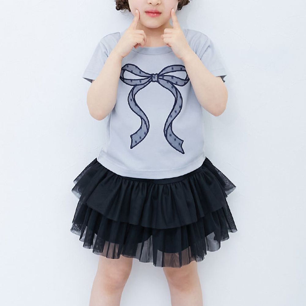 女孩運動風設計款短袖T恤-蝴蝶結-灰藍