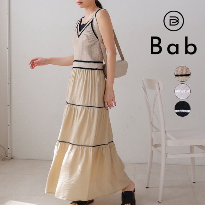 日本 Bab - 純棉針織拼接渡假風無袖洋裝-淺灰綠