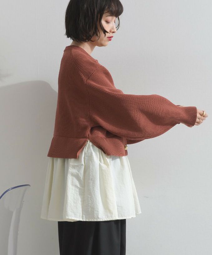 日本 ELENCARE DUE - 羅紋針織美型金扣層次長袖上衣-磚橘