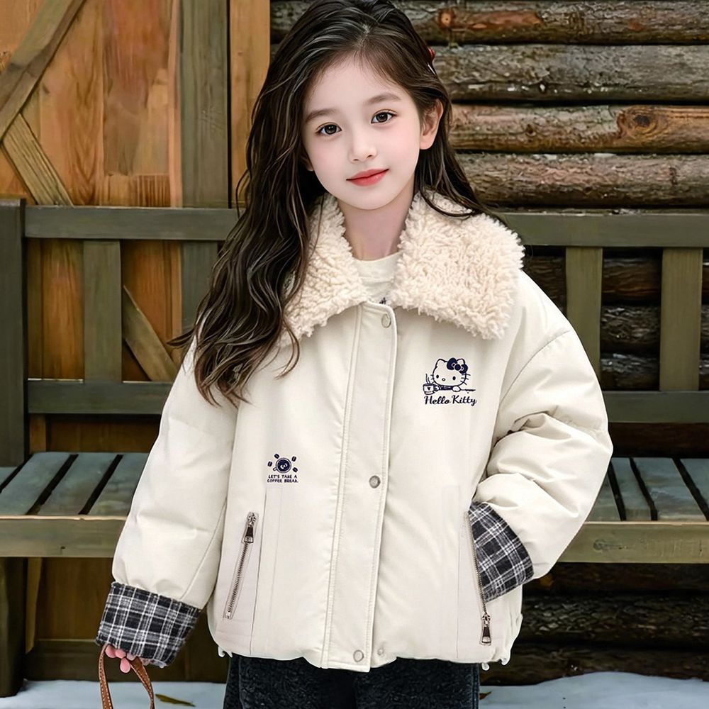 柔美毛絨大翻領保暖鋪棉外套-卡通人物Hello Kitty-米白