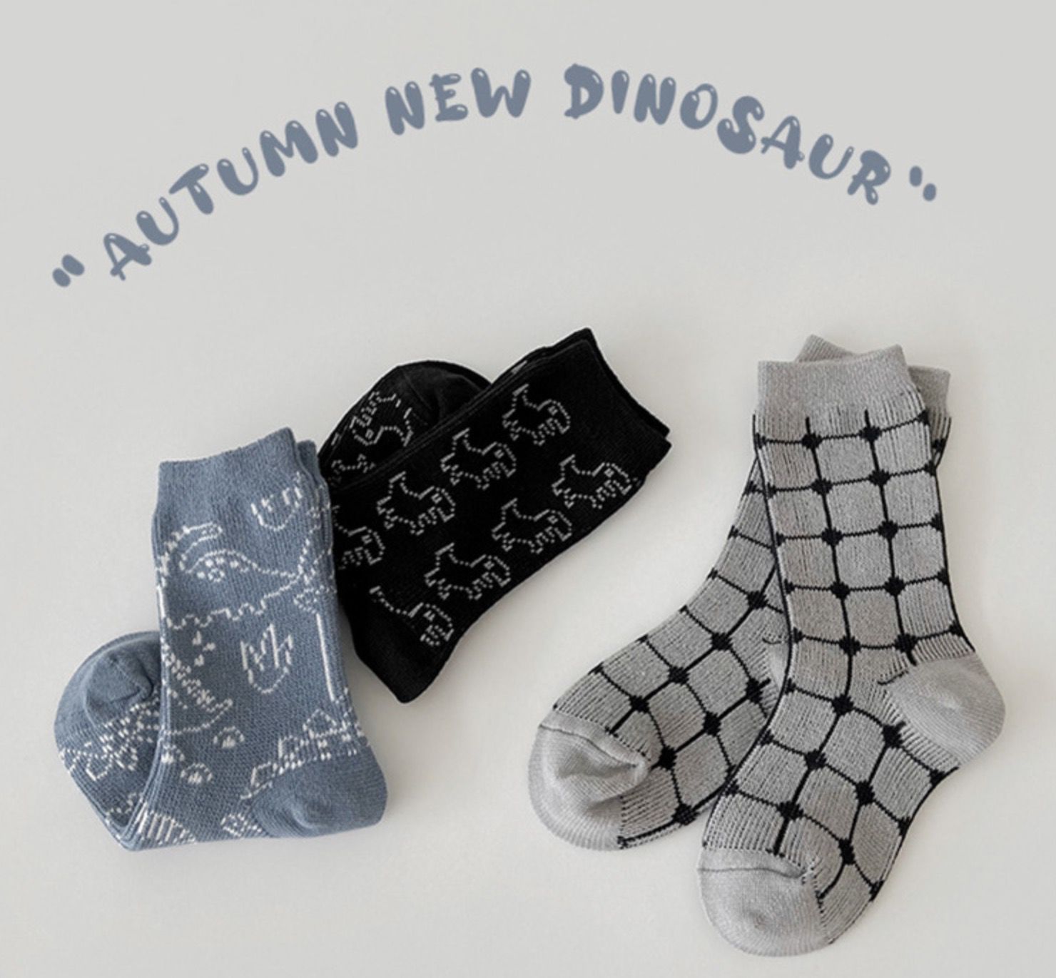 love, charlotte - 塗鴉風恐龍中筒精梳棉襪-3 雙一組