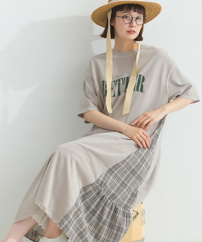 日本 Lupilien - 復古寬鬆格紋拼接短袖洋裝-BETTER-炭黑
