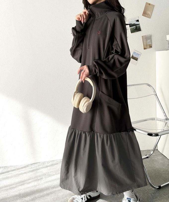 日本 Classical Elf - 異素材荷葉拼接半拉鍊寬版長袖洋裝-黑