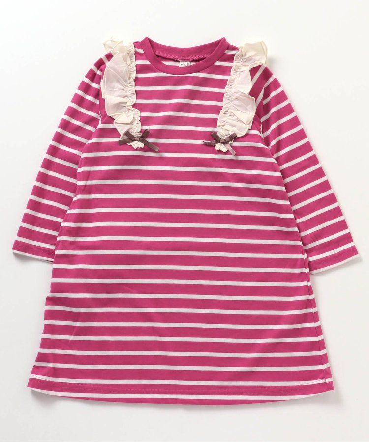 日本 apres les cours - 肩部荷葉印花薄長袖洋裝-愛心-海軍藍