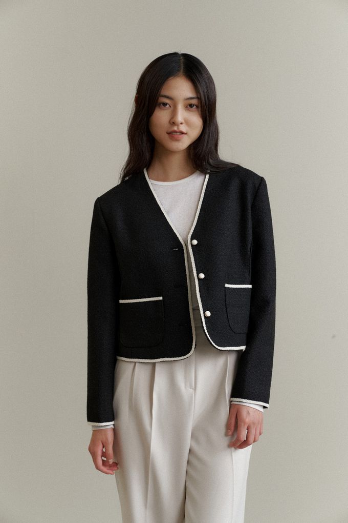 韓國女裝連線 - 氣質V領混羊毛毛呢珠釦外套-米白 (FREE)