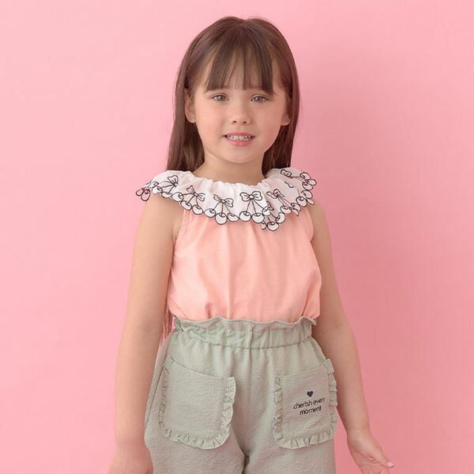 日本 Lycee mine - 精緻櫻桃蕾絲領無袖上衣-白