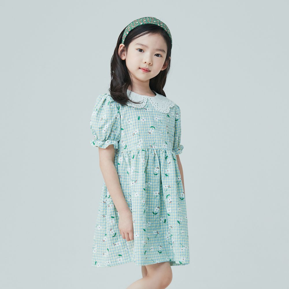 韓國 Coco Bang - 蕾絲白領花花洋裝-薄荷綠