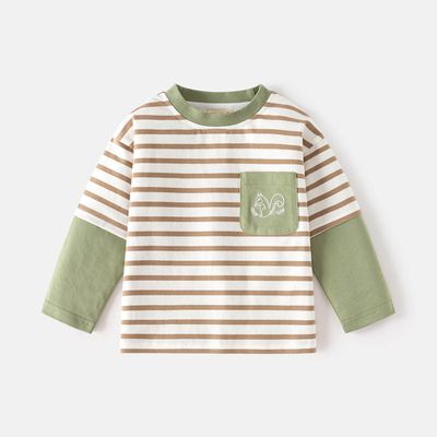 WELLKIDS - 假兩件袖拼接圓領長袖上衣-松鼠-綠色