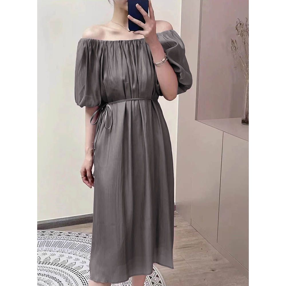 柔美寬鬆皺褶氣球袖洋裝(附綁帶)-炭灰 (F)
