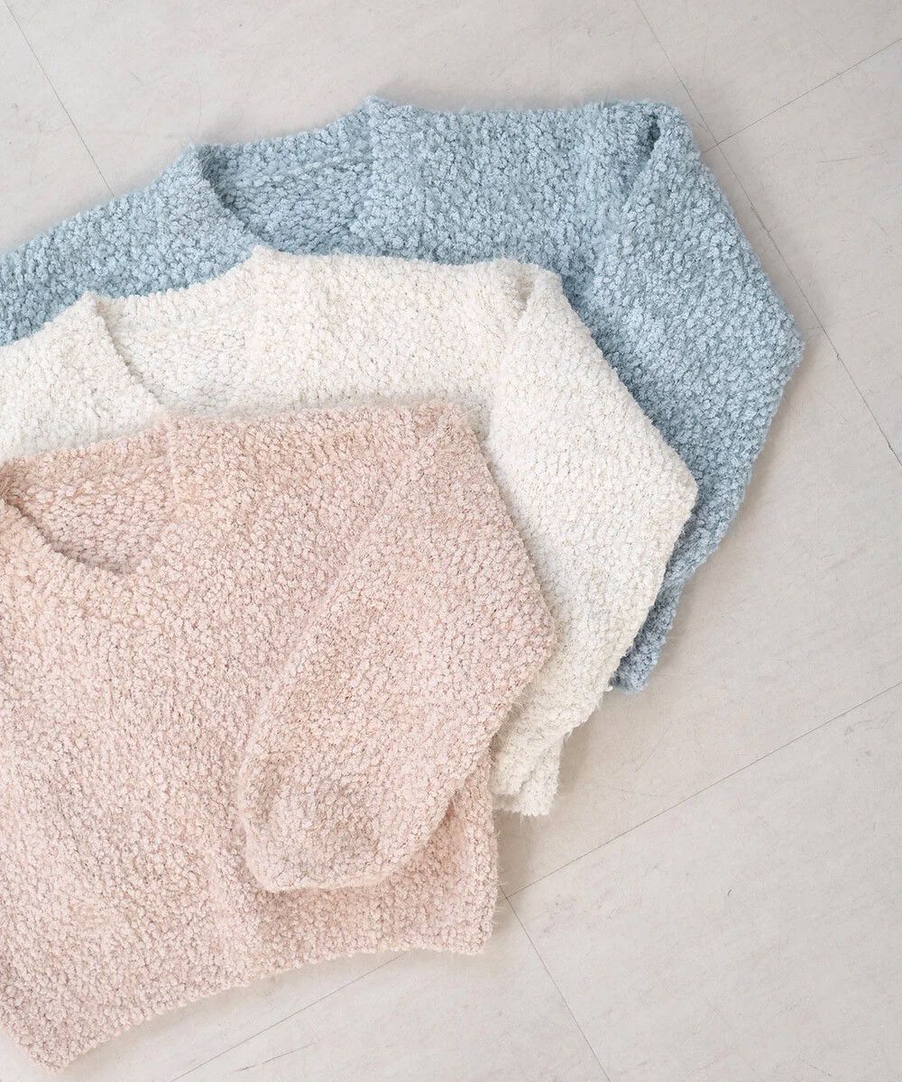 日本 Bab - 柔軟蓬鬆毛毛V領針織上衣-藍