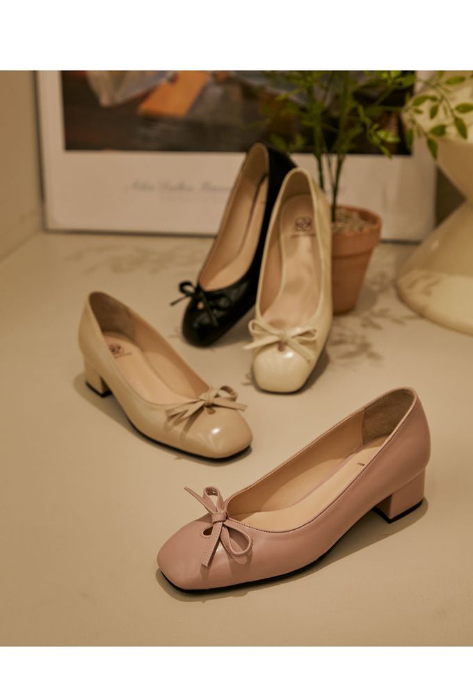韓國 PINKELEPHANT - 蝴蝶結淺口輕便跟鞋(4cm)-杏