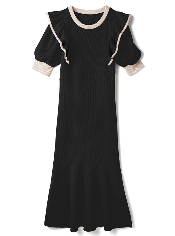 日本 GRL - 撞色荷葉滾邊修身魚尾短袖洋裝-摩卡棕