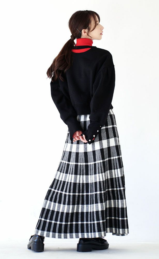 日本 zootie - 單色格紋百褶針織長裙-黑白-M