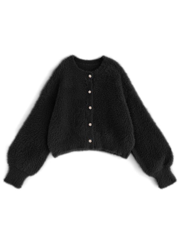 日本 GRL - 花朵珍珠釦毛絨外套-奶茶灰 (F)