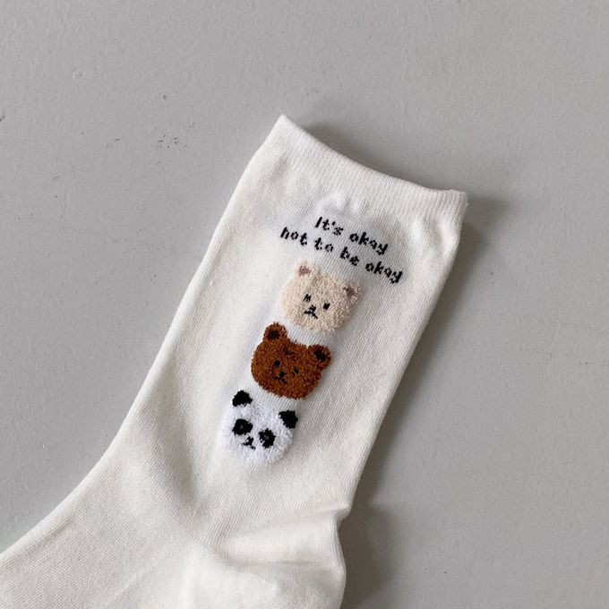 韓國Marian - 三隻毛毛熊中筒襪-棕色 (Free)