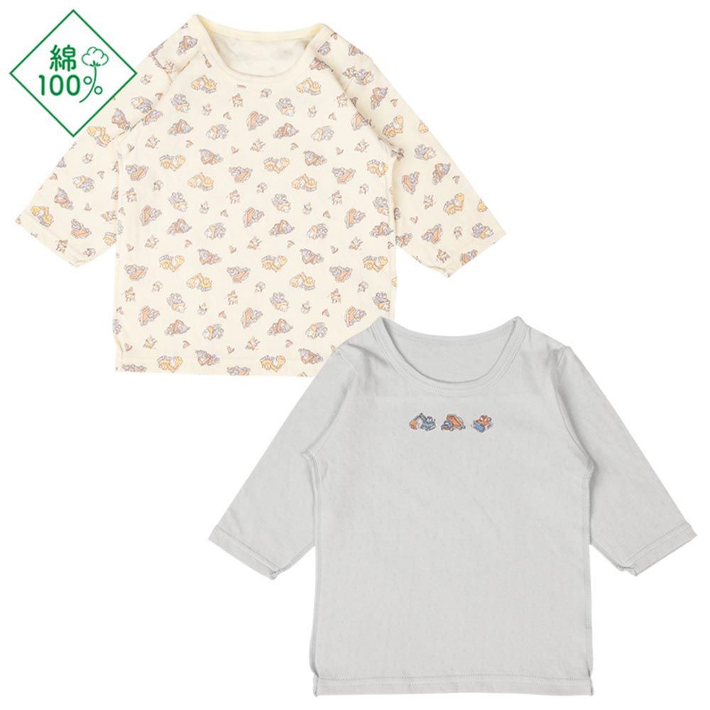 長袖圓領上衣2件組-蓬鬆棉 工程車-淺藍色