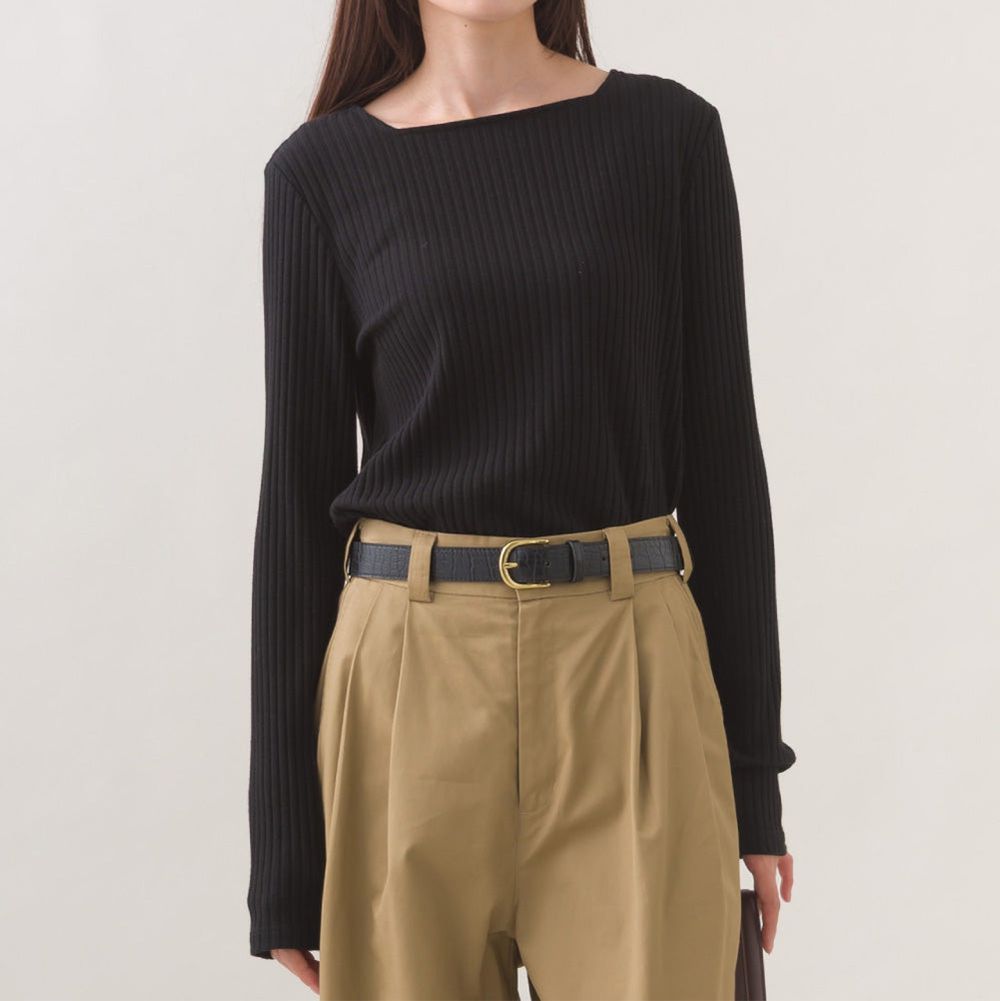 迷人方領混嫘縈羅紋長袖上衣-黑