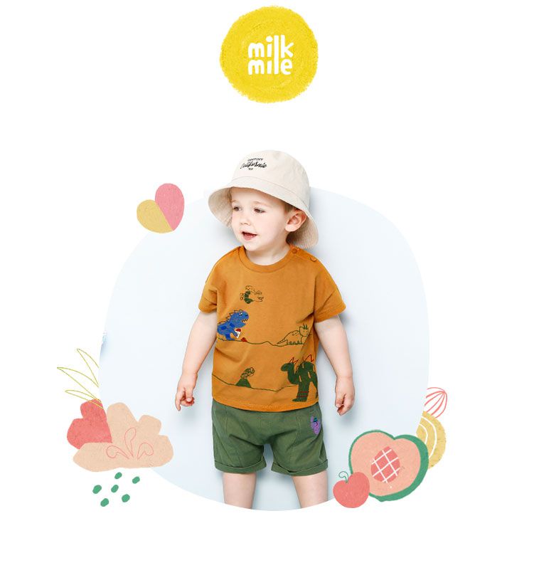 韓國 milk mile - 恐龍散步純棉T-象牙白