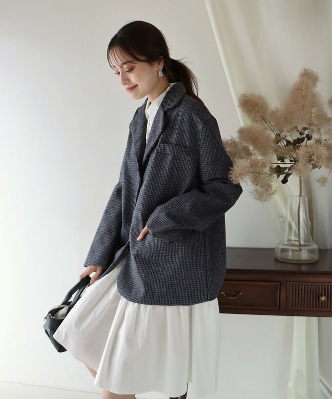 日本 BLUE EAST - 千鳥格帥氣西裝短版風衣外套(附綁帶)-深灰