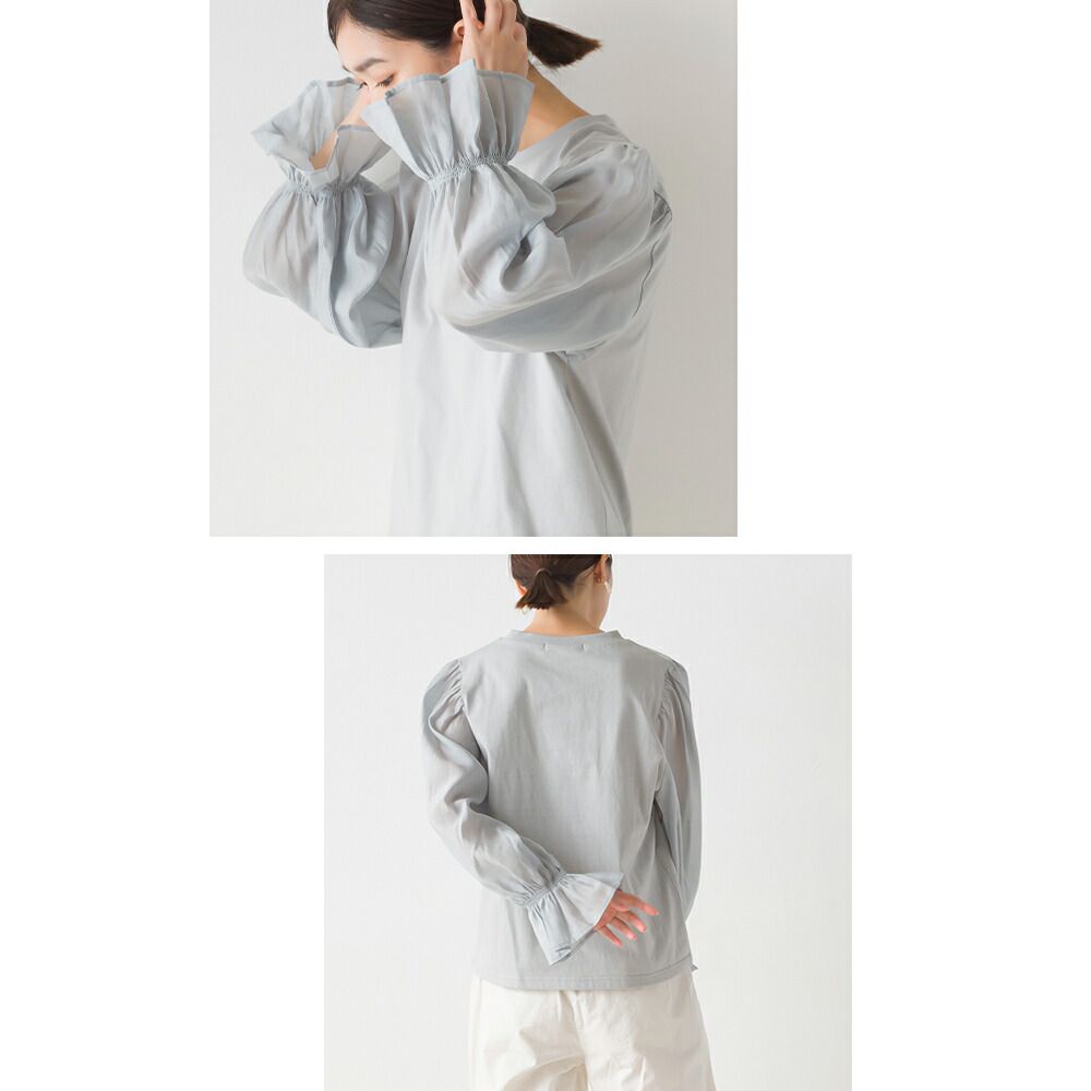 日本 OMNES - 圓領拼接光澤感糖果袖上衣-黑