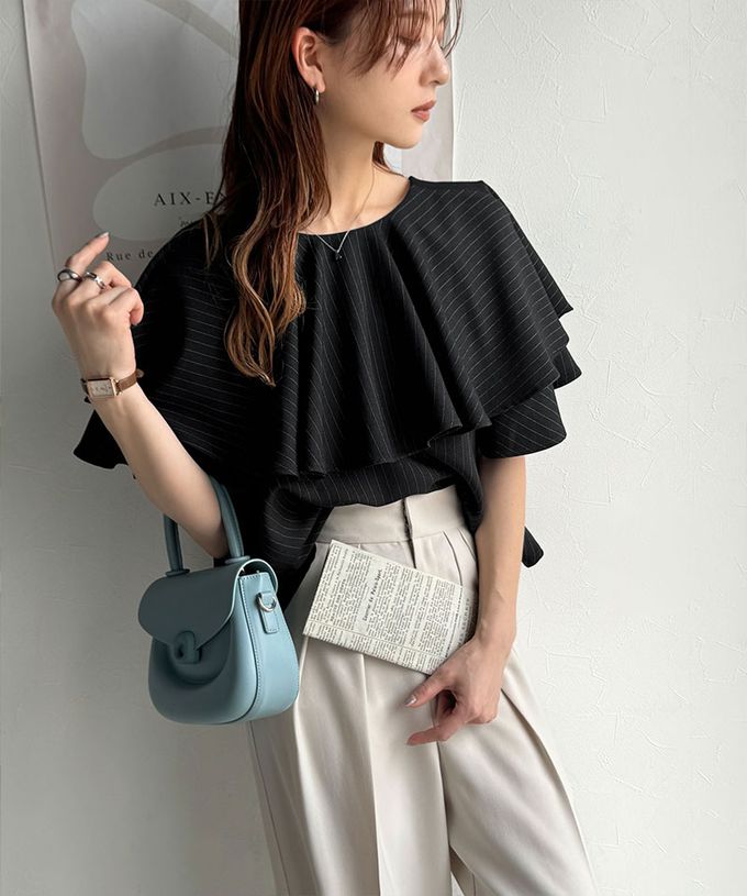 日本 Classical Elf - 前後2way優雅荷葉大翻領上衣-細條紋-咖啡