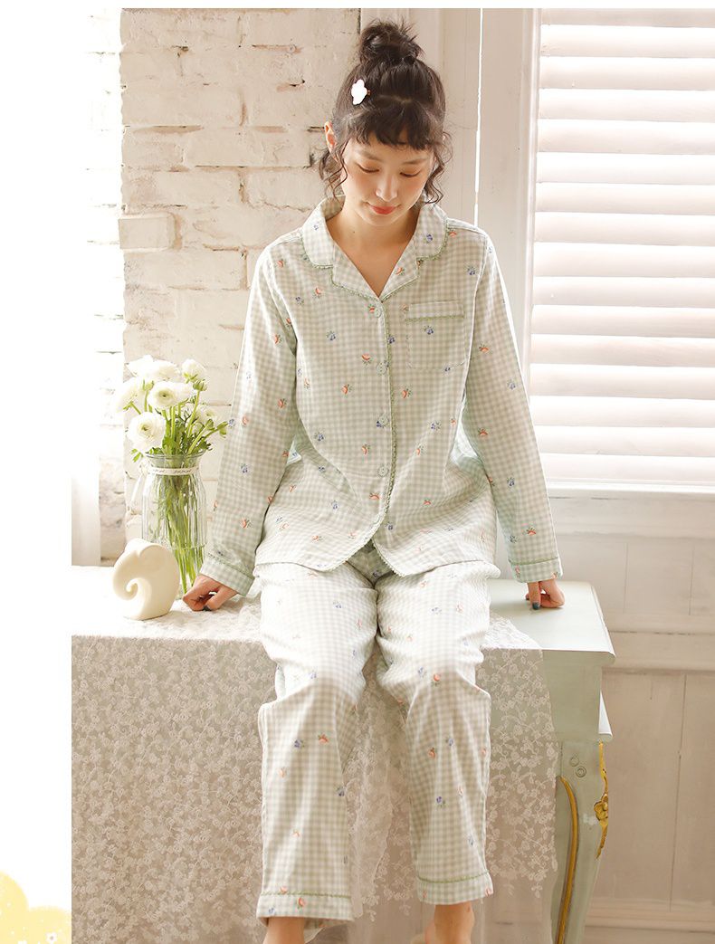 雙層棉紗布長袖家居睡衣套裝-小花綠格